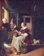 Pieter Cornelisz. van Slingelandt A young lacemaker is interrupted by a birdseller who offers her ware through the window Spain oil painting artist